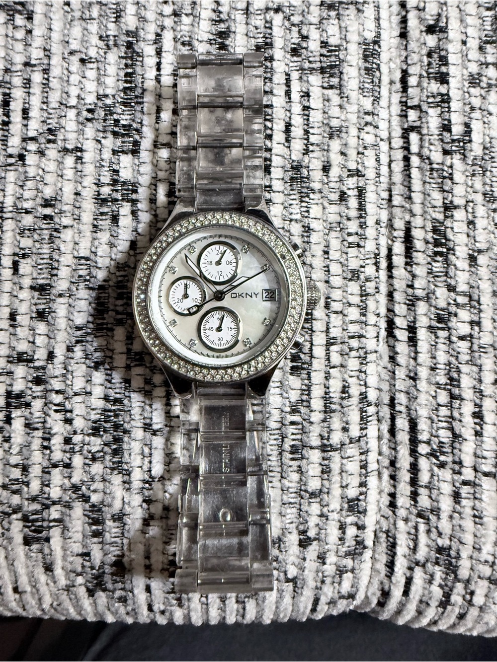 DKNY Clear Crystal-Trim Transparent Bracelet Watch with Silver Dial